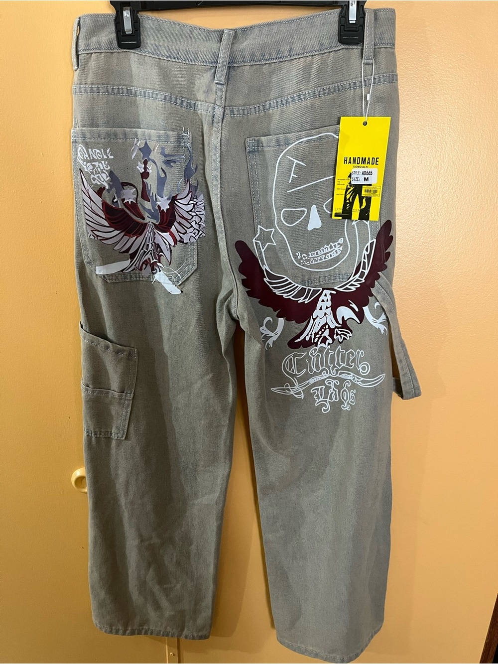 Men's Gray Graphic Work Pants with Burgundy Eagle Print NWT Size Medium